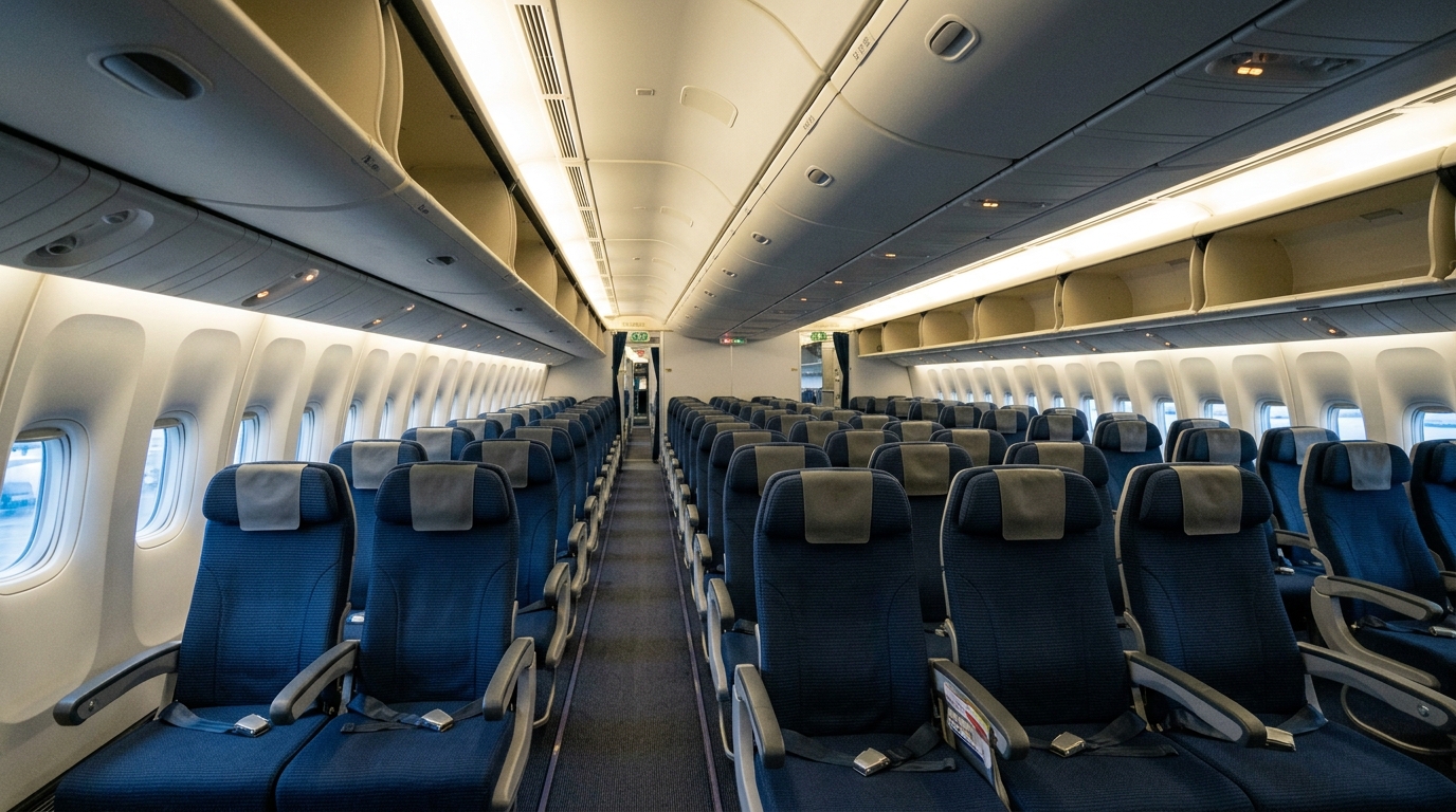 Cabine d'avion avec de nombreux sièges vides sur un vol transatlantique Aer Lingus