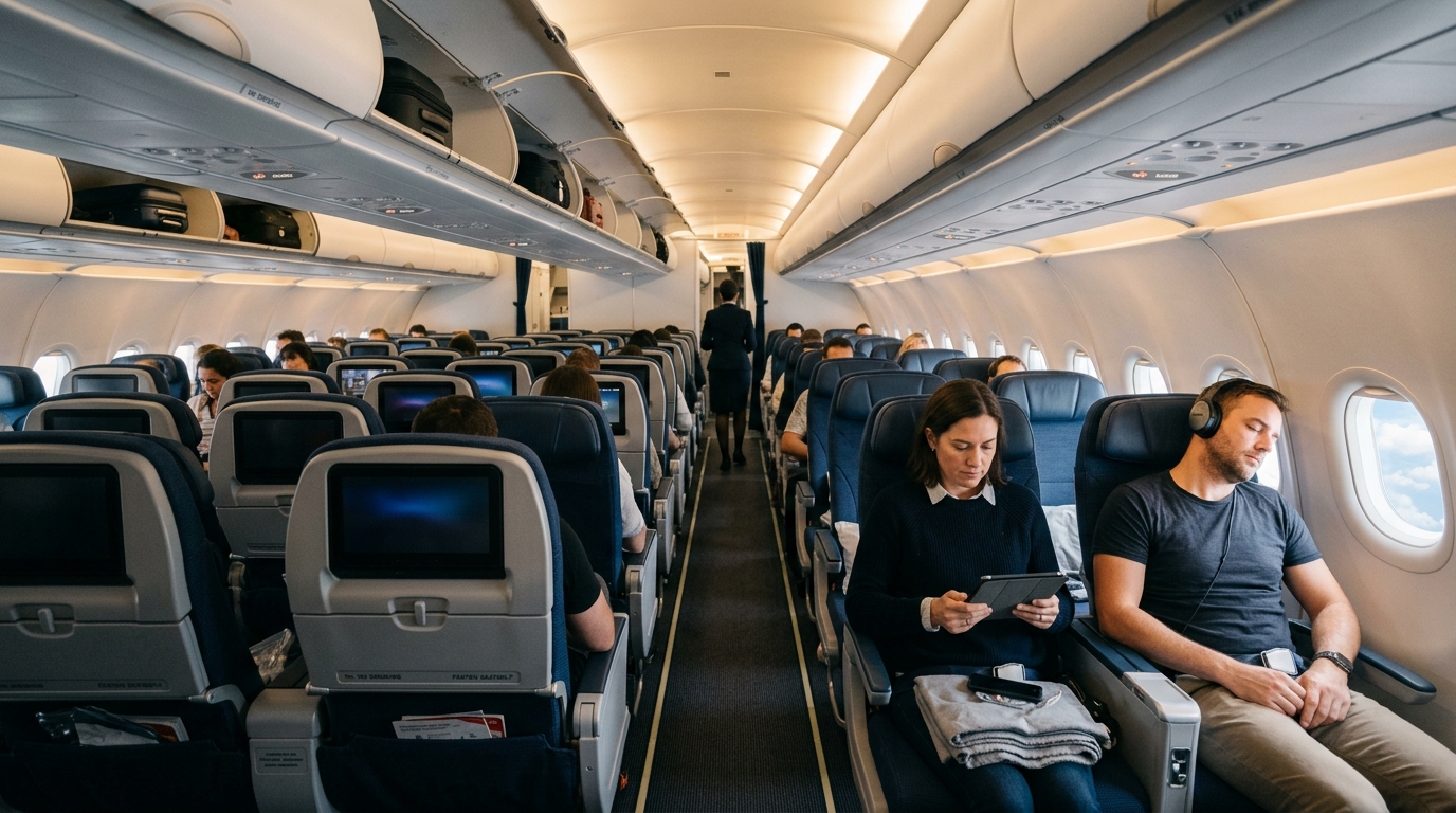 Cabine intérieure d'un Airbus A321LR en configuration transatlantique