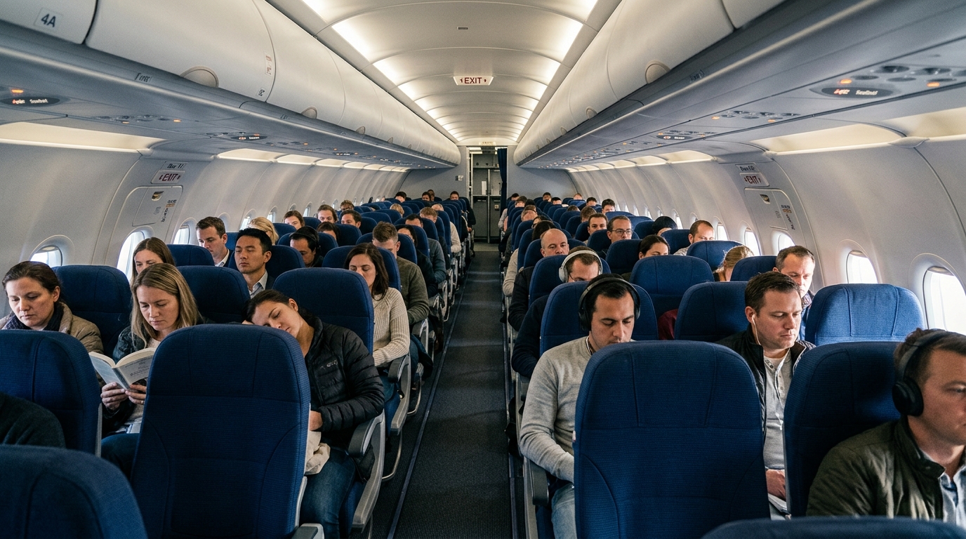 Cabine intérieure d'un Boeing 737 MAX avec passagers assis