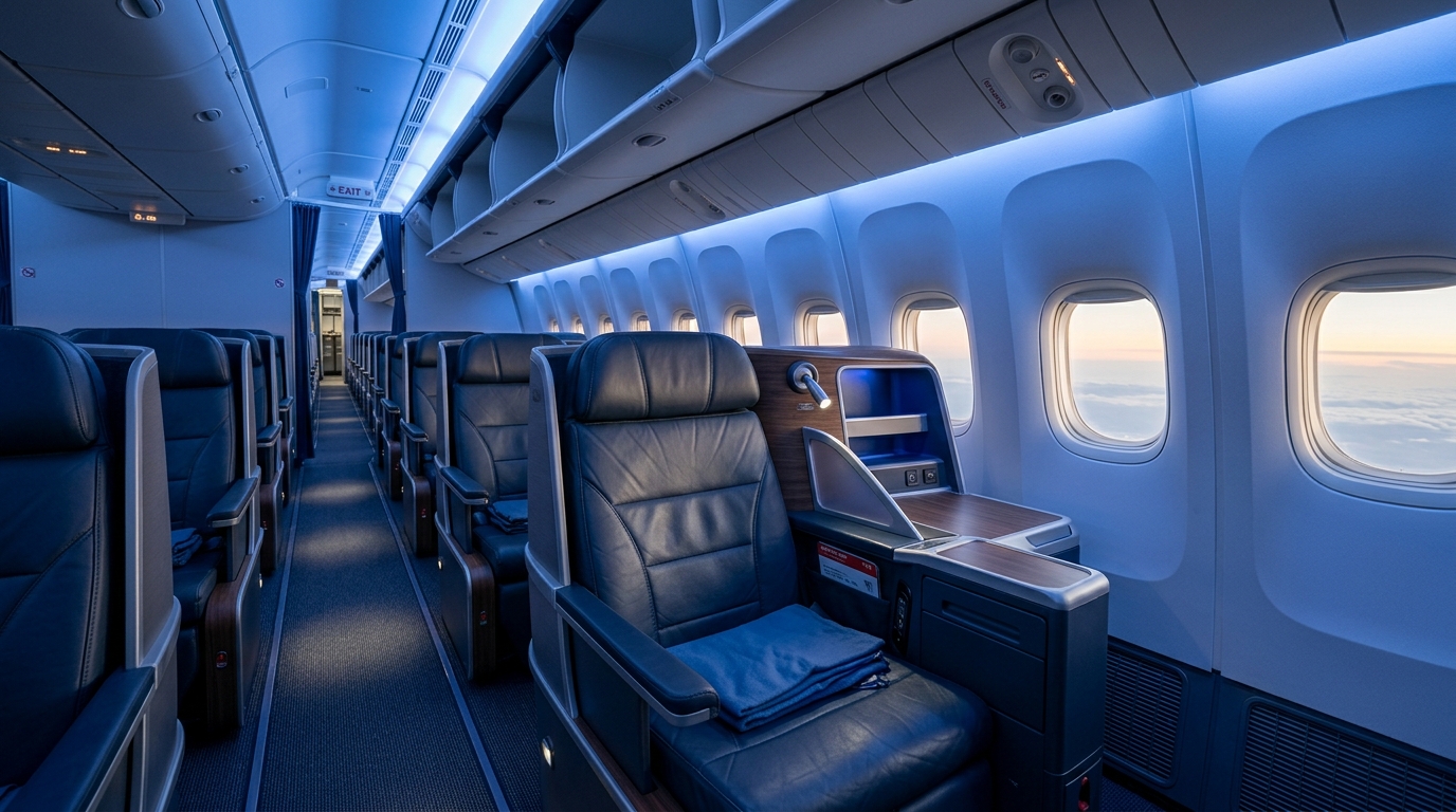 Cabine intérieure moderne d'un Boeing 787-9 avec éclairage ambiant et sièges confortables
