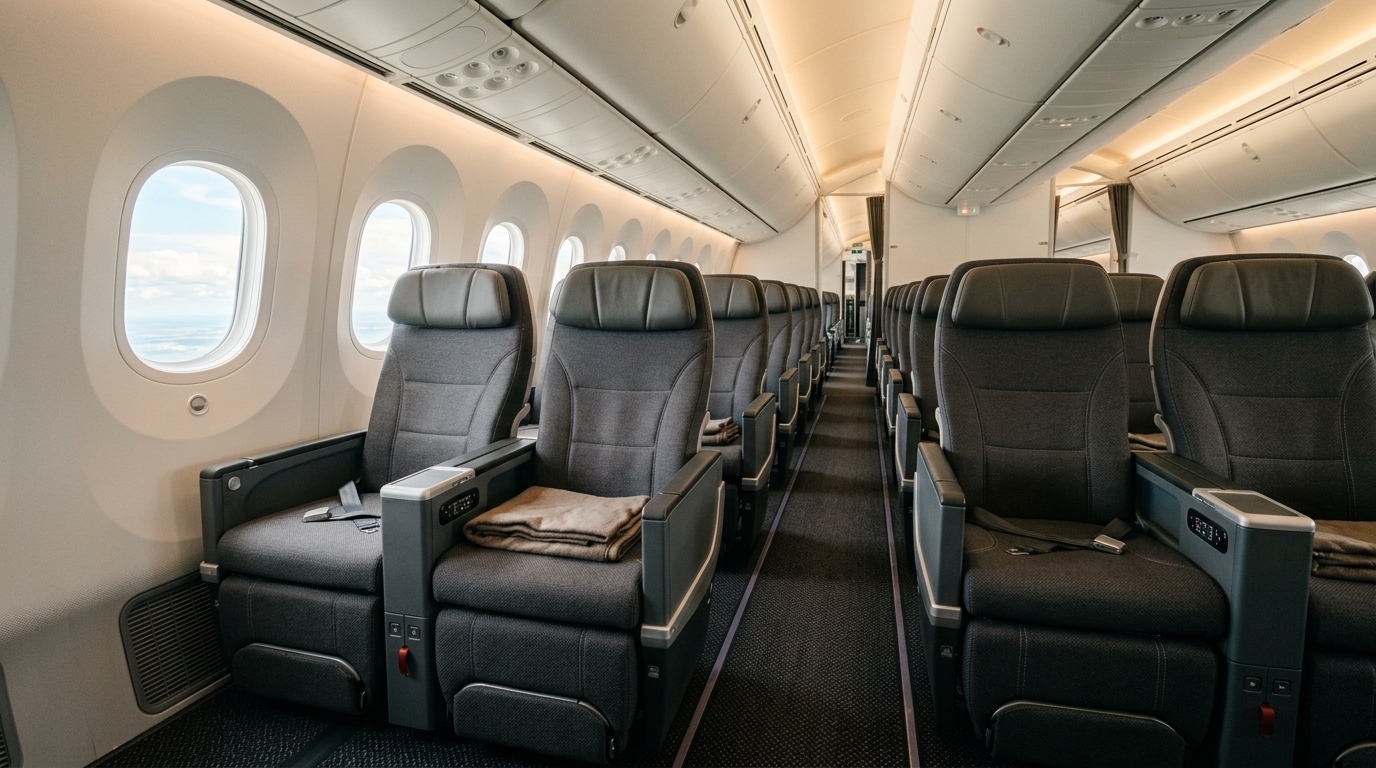 Cabine passager moderne d'un avion long-courrier avec sièges confortables