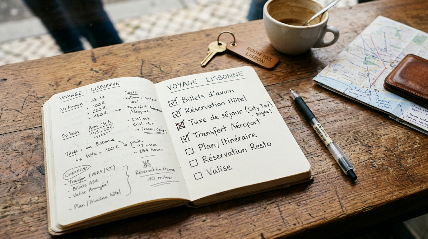 Checklist de voyage avec ligne taxe de séjour cochée dans un carnet de planification