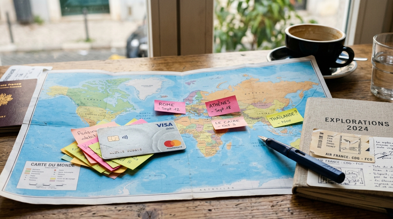 Carte bancaire posée sur une carte du monde avec des billets d'avion