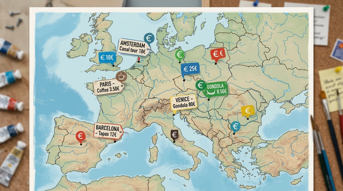 Carte illustrée de l'Europe avec des icônes de prix sur différentes capitales