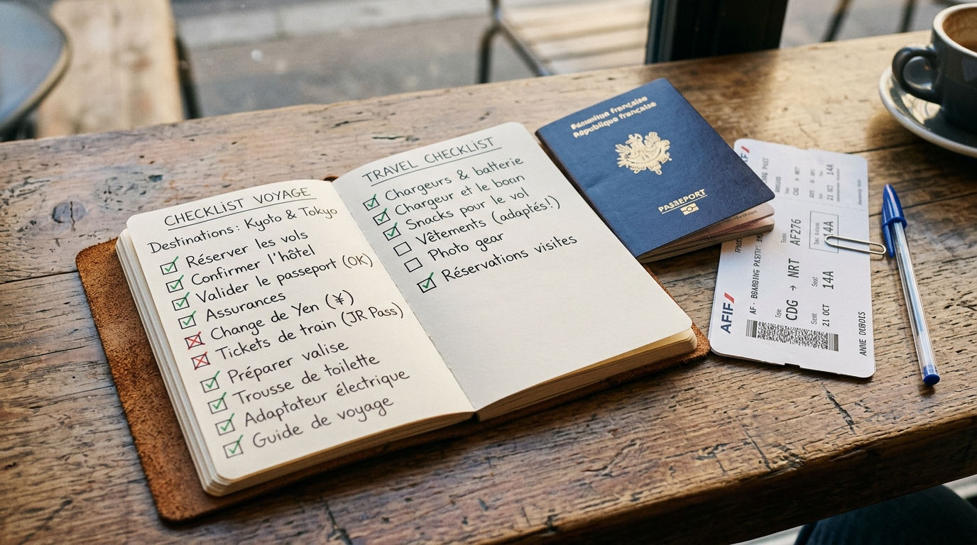 Checklist assurance voyage posée sur une table avec un passeport et des billets d'avion