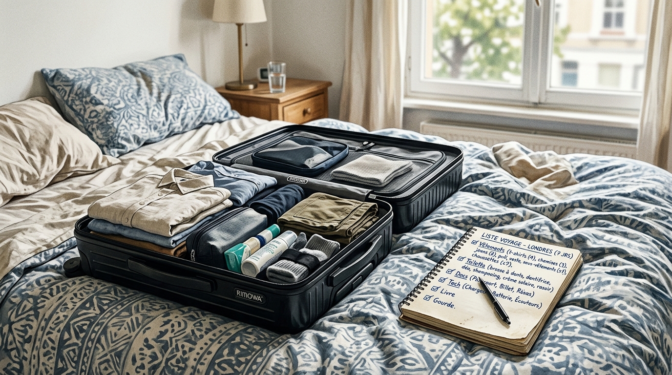 Checklist bagage imprimée posée sur une valise ouverte prête à être bouclée