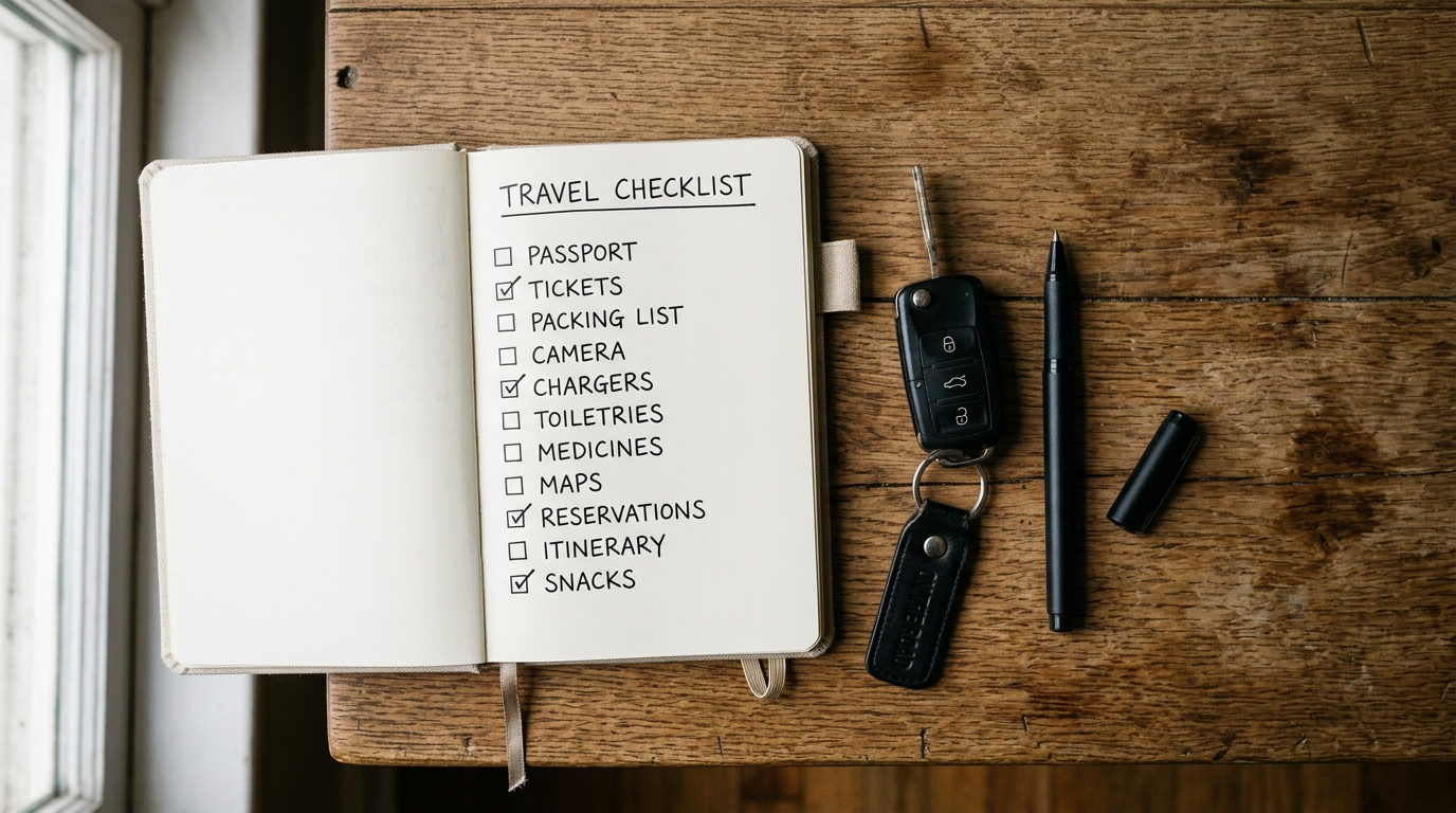 Checklist voyage avec clés de voiture de location posées dessus
