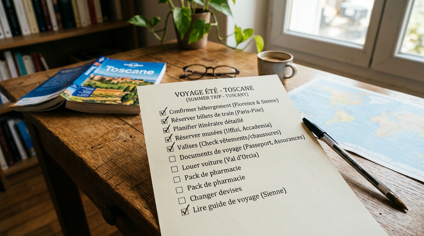 Checklist imprimée avec des cases cochées pour l'annulation d'une réservation d'hôtel