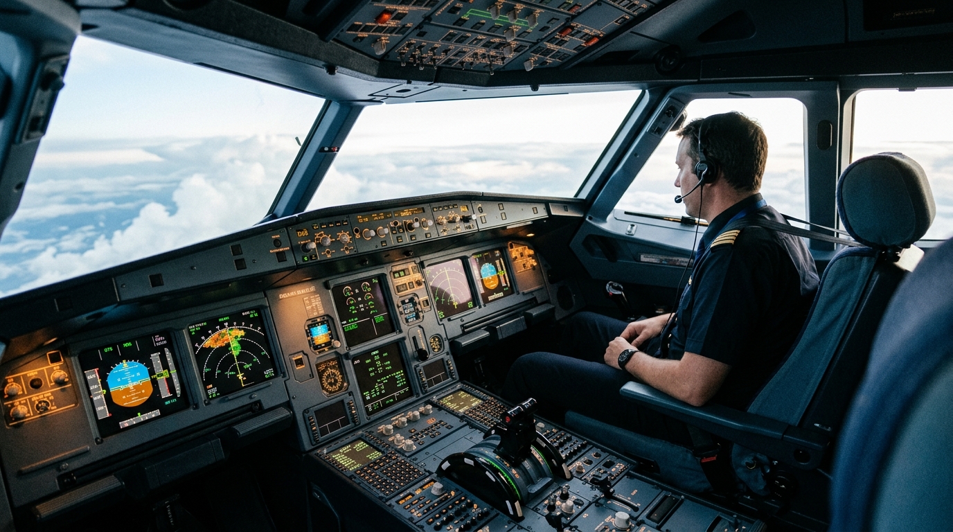 Pilotes dans un cockpit d'avion commercial surveillant les instruments de bord