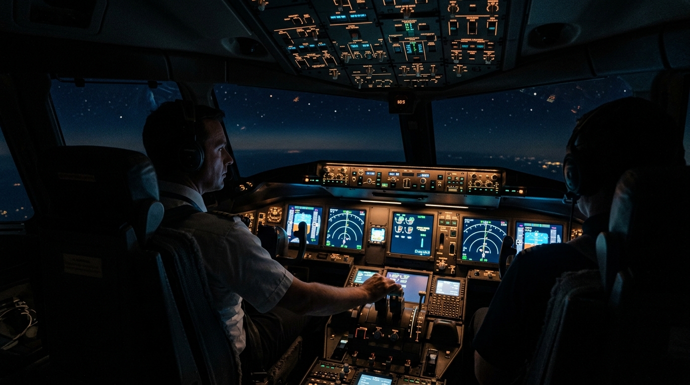 Cockpit d'avion de nuit avec instruments lumineux et deux pilotes en activité