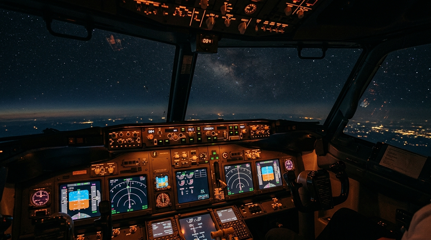 Cockpit d'avion de nuit, équipage au travail pendant un vol long-courrier