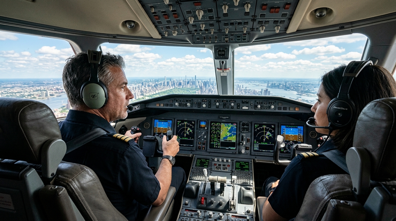 Cockpit d'un avion d'affaires avec vue sur le ciel de New York