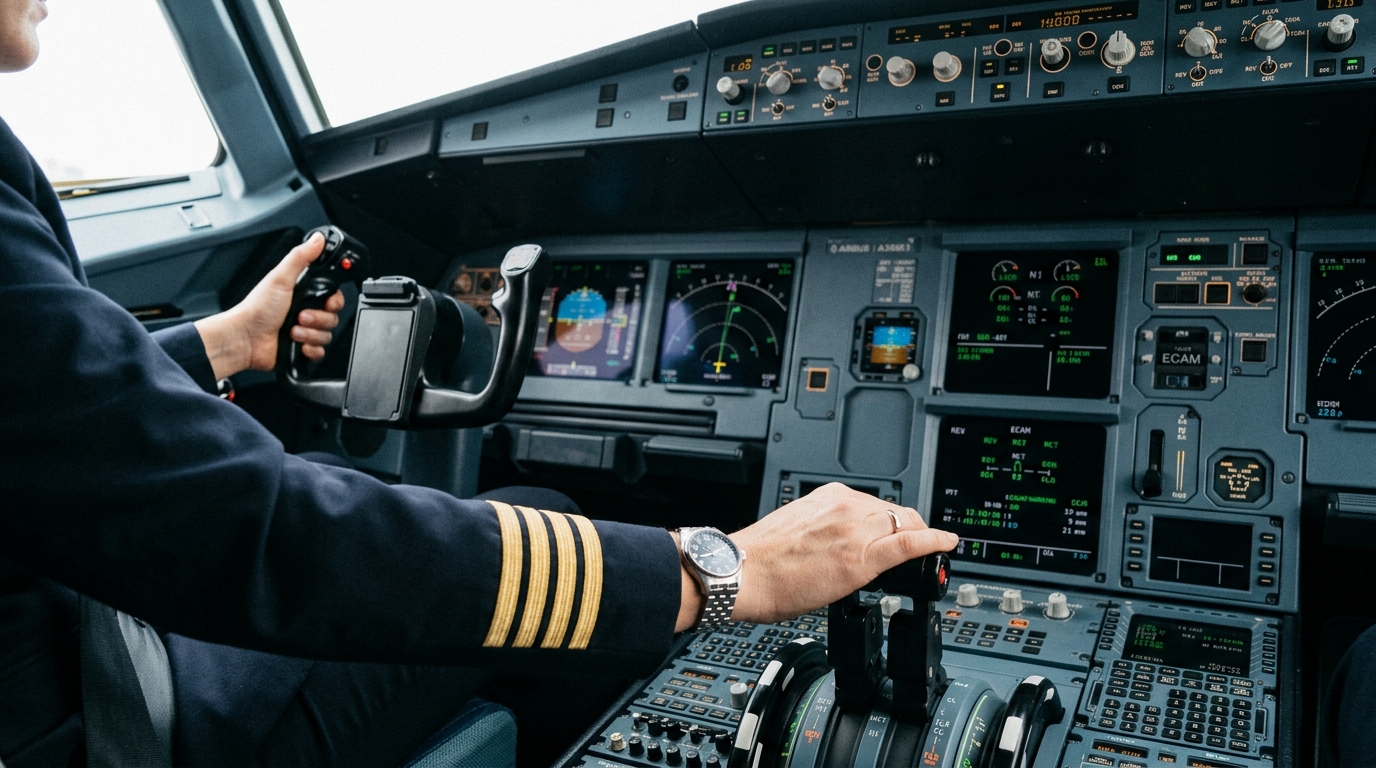 Cockpit d'un gros-porteur British Airways avec vue sur les commandes de vol