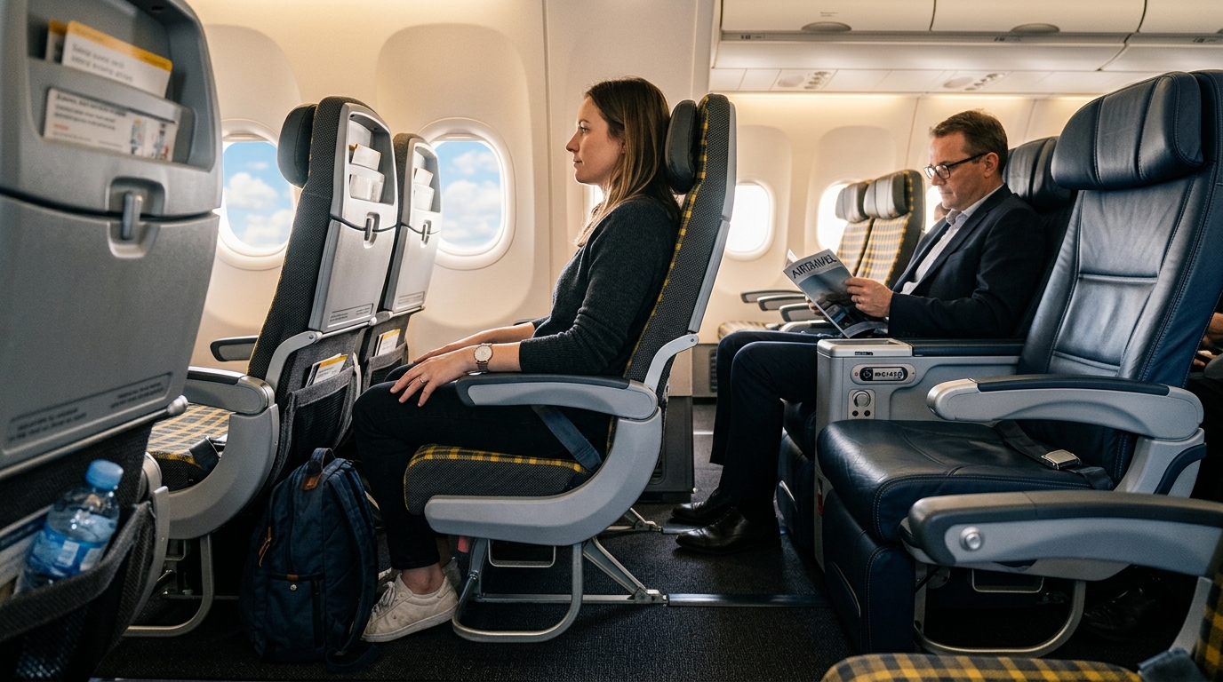 Comparaison espace jambes entre siège Main Cabin Extra et siège de première classe dans un avion American Airlines