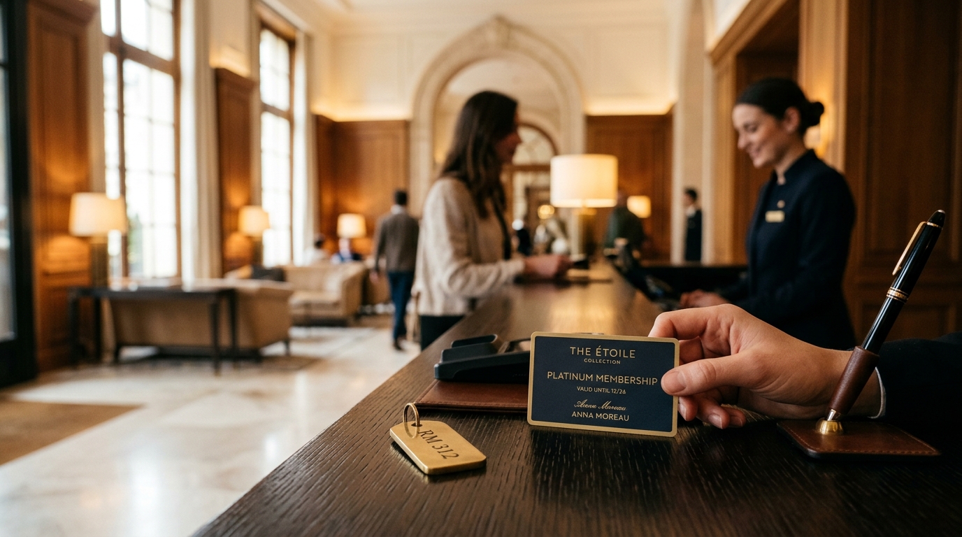 Comptoir d'accueil d'un hôtel élégant avec une carte de fidélité hôtelière posée sur le bureau