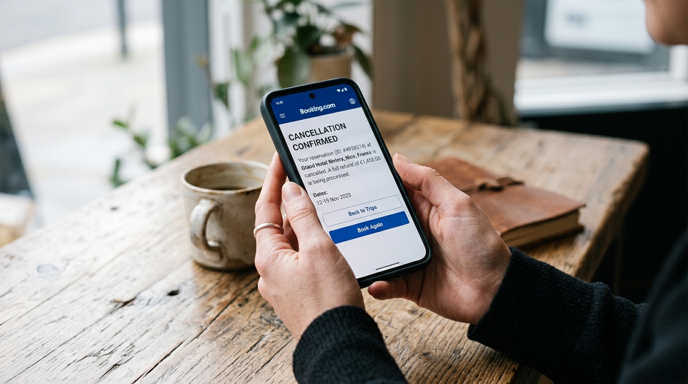 Main tenant un smartphone avec une interface de confirmation d'annulation d'une réservation d'hôtel