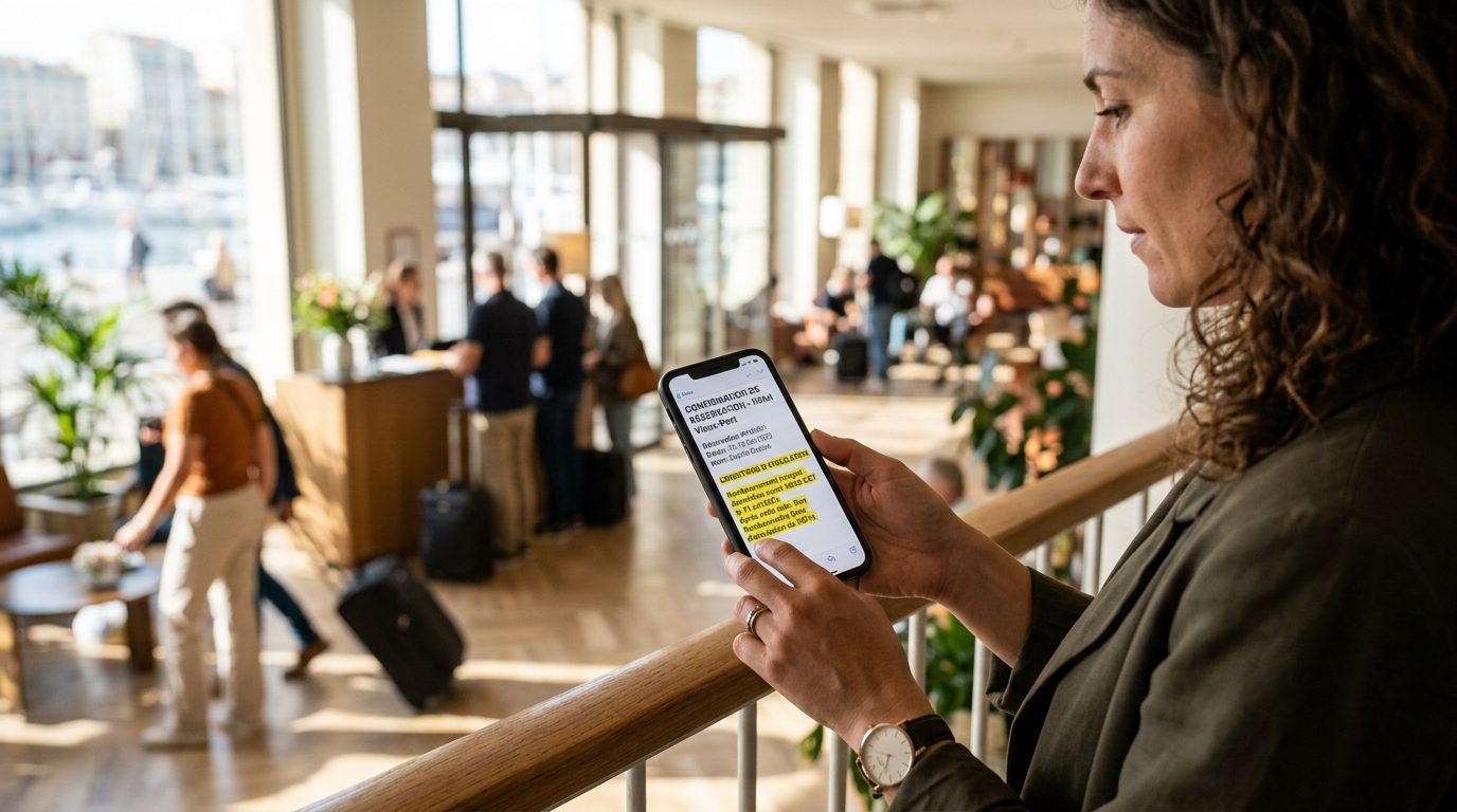 Écran de smartphone montrant une confirmation de réservation d'hôtel avec les conditions d'annulation visibles