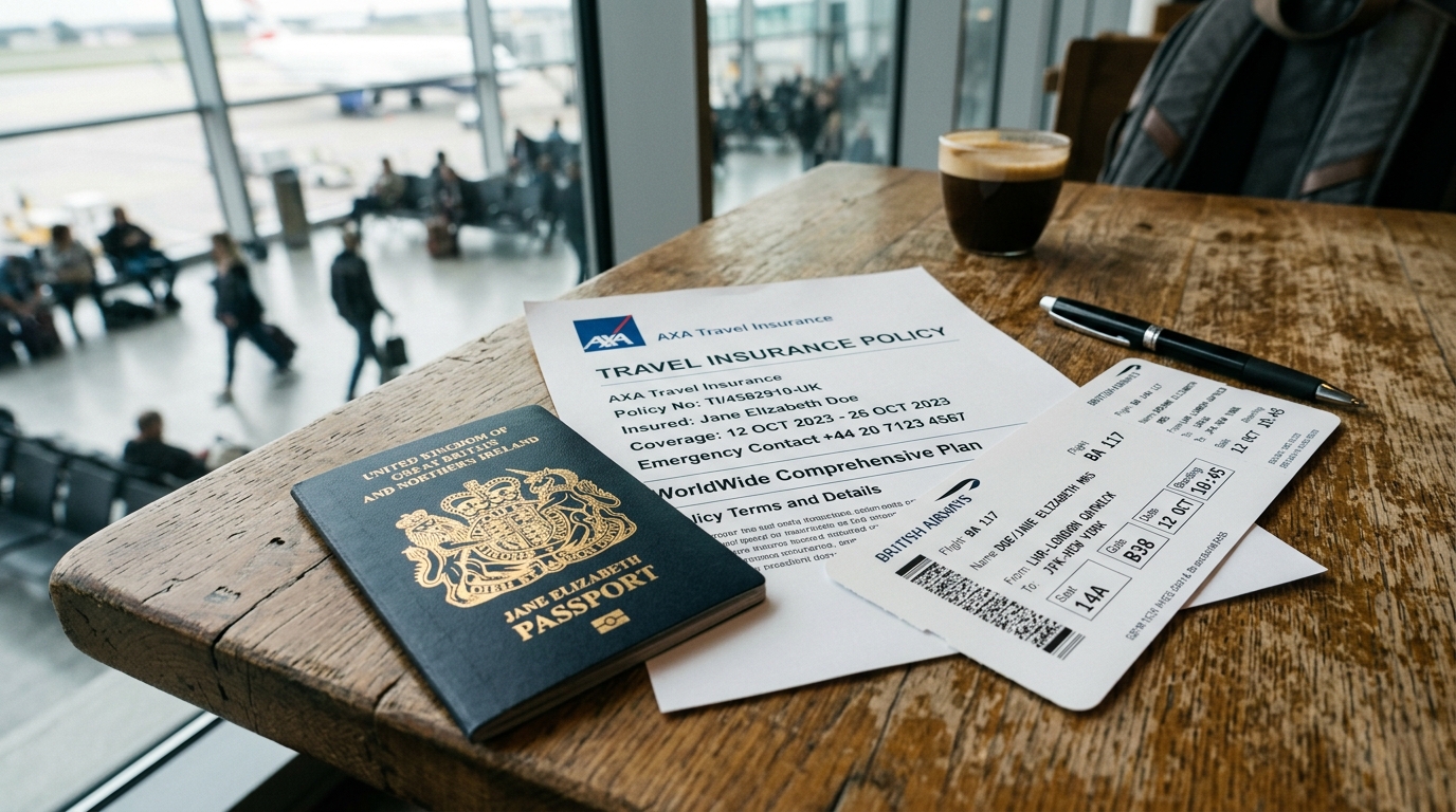Contrat assurance voyage posé à côté d'un passeport et d'une carte d'embarquement