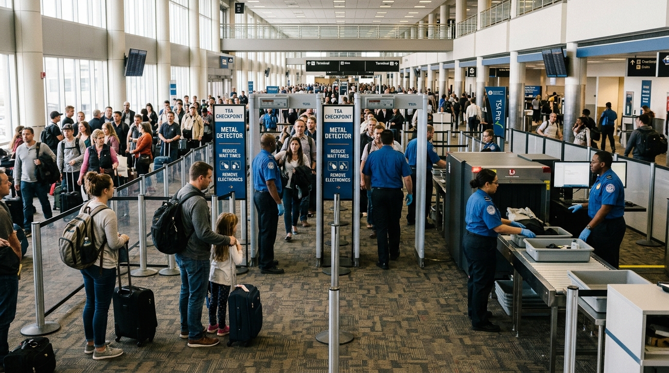 Couloir de sécurité dans un aéroport américain avec portiques de contrôle et agents TSA