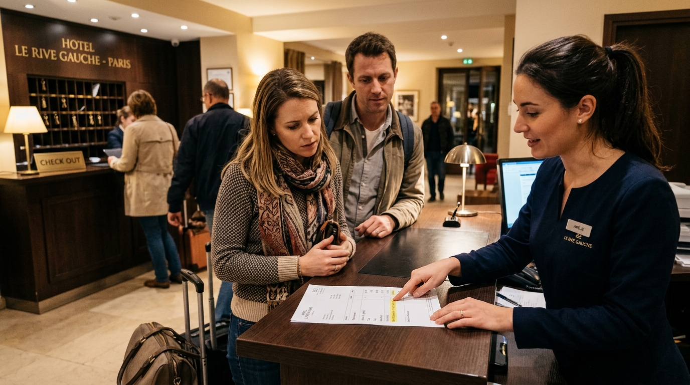 Réception d'un hôtel européen avec un couple vérifiant leur note de frais