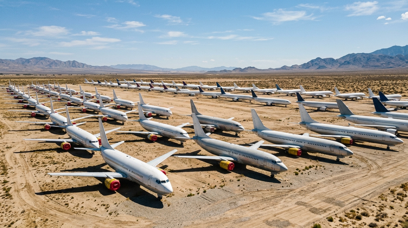 Des avions commerciaux alignés dans le désert du Nouveau-Mexique à Roswell
