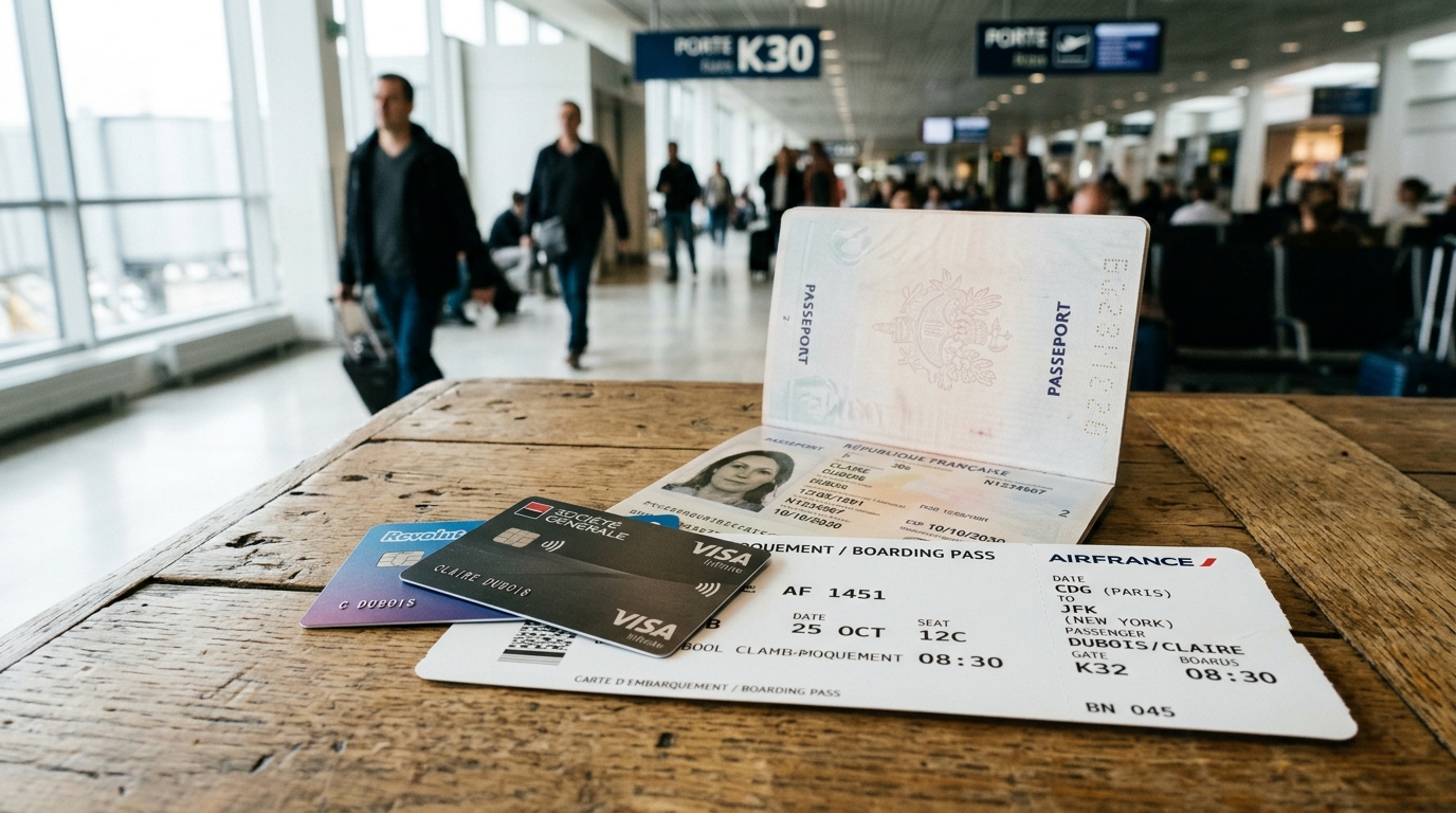 Deux cartes bancaires posées sur un passeport ouvert avec un billet d'avion