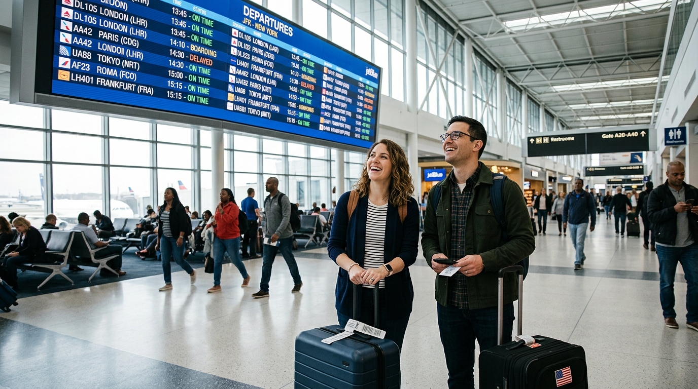 Deux personnes à l'aéroport regardant un vol Southwest sur un tableau des départs