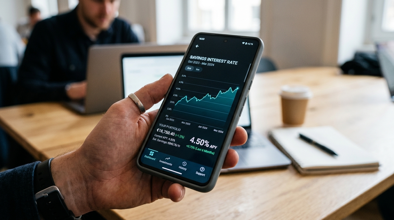 Écran d'application financière avec taux d'intérêt et graphiques