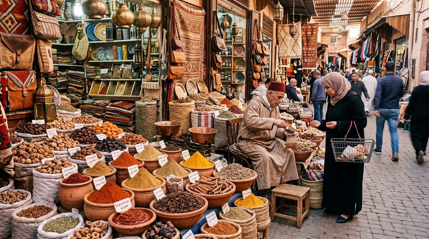 Étals colorés d'un souk de la médina de Marrakech avec épices et artisanat