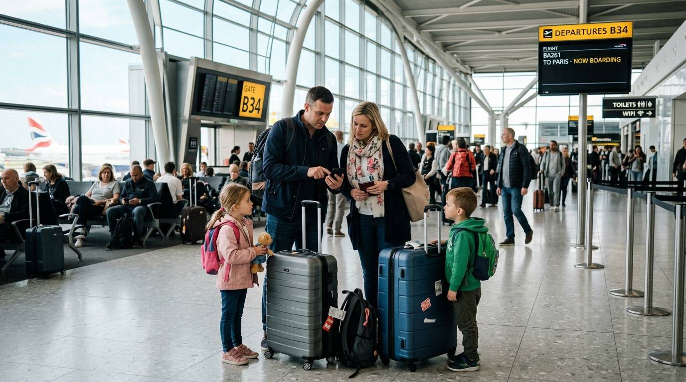 Famille à l'aéroport avec valises, en train de vérifier des documents sur un smartphone