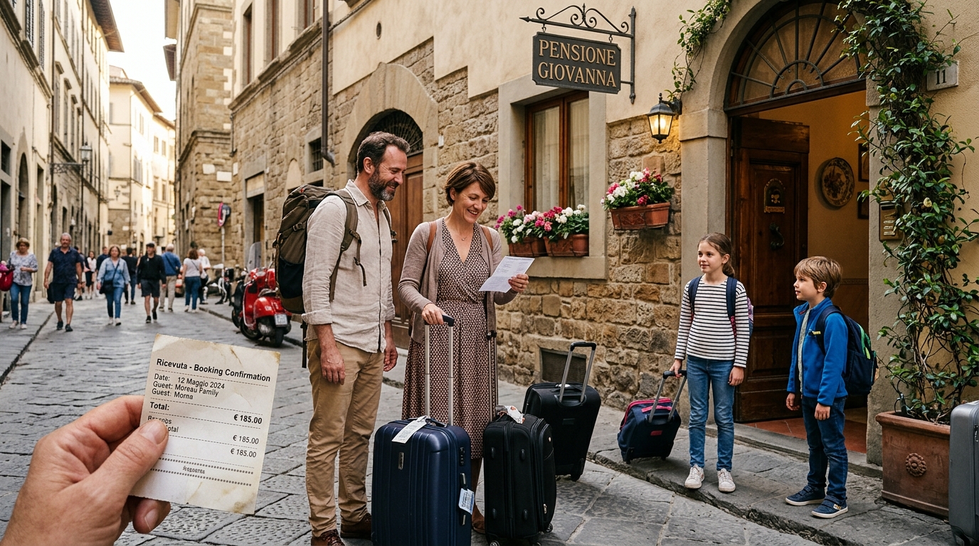 Famille devant un hébergement européen avec une note de frais détaillée