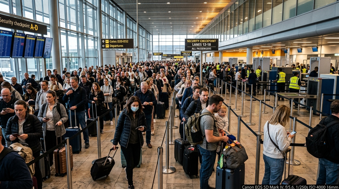 Foule de voyageurs dans un terminal d'aéroport bondé en été