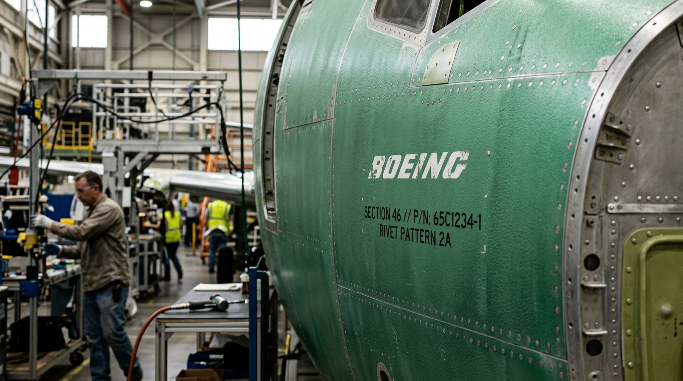 Fuselage Boeing vert en cours d'assemblage en usine