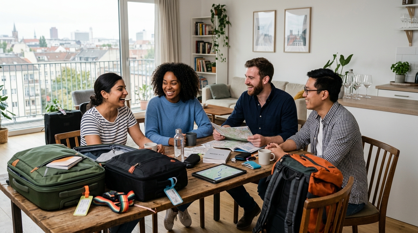 Groupe de voyageurs dans un appartement Airbnb spacieux en ville