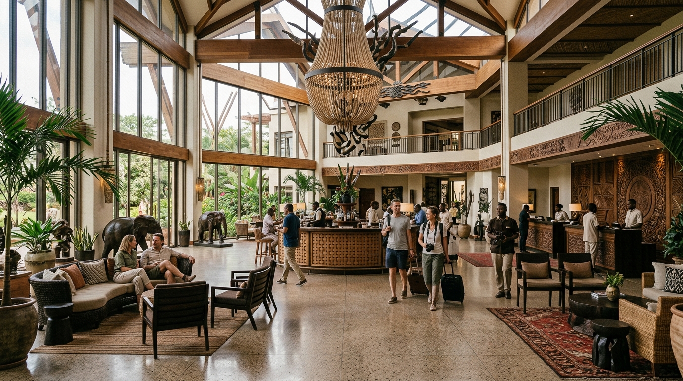 Hall d'entrée luxueux d'un Grand Hyatt en Afrique avec décoration locale