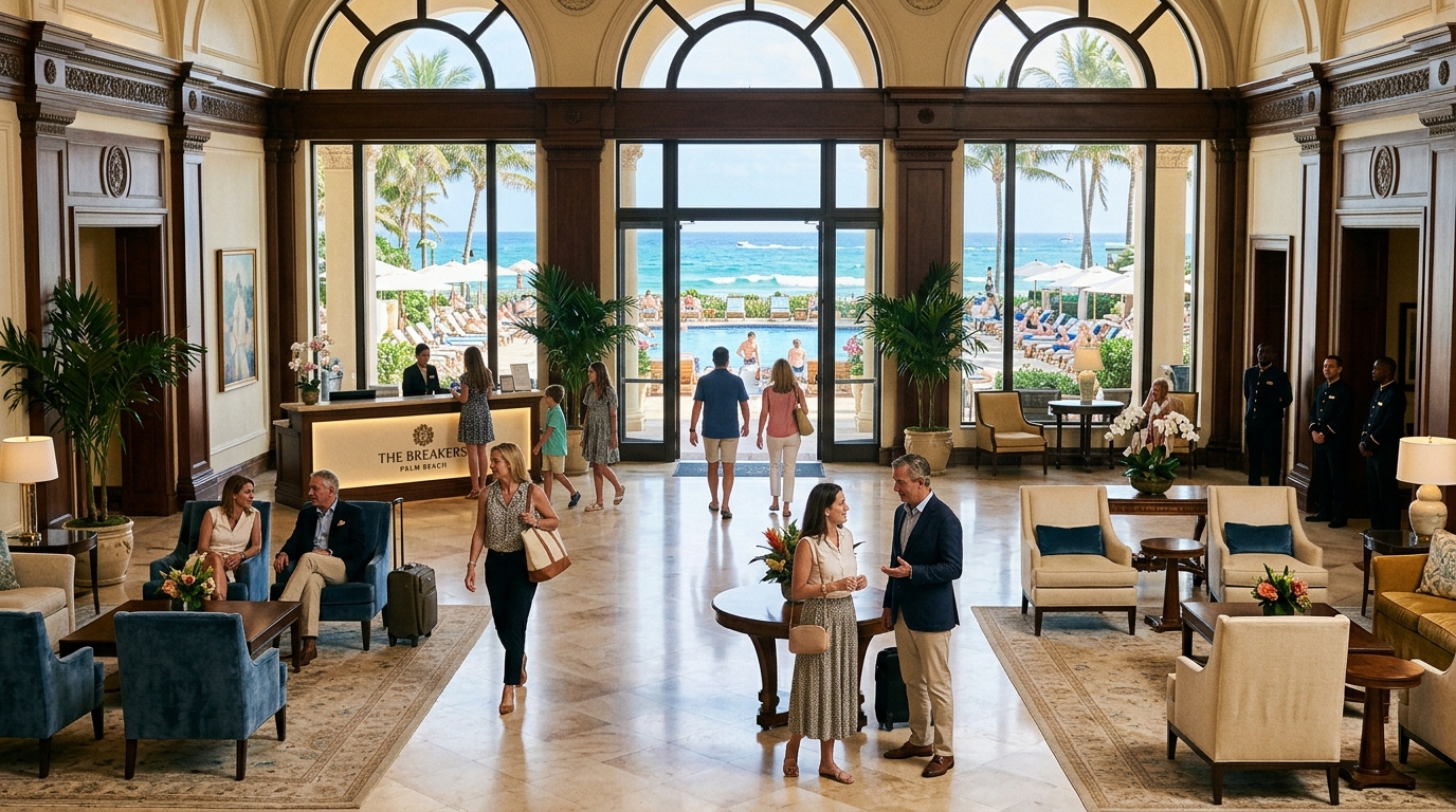 Hall lumineux d'un hôtel Hilton cinq étoiles en Floride avec vue sur la piscine et la mer
