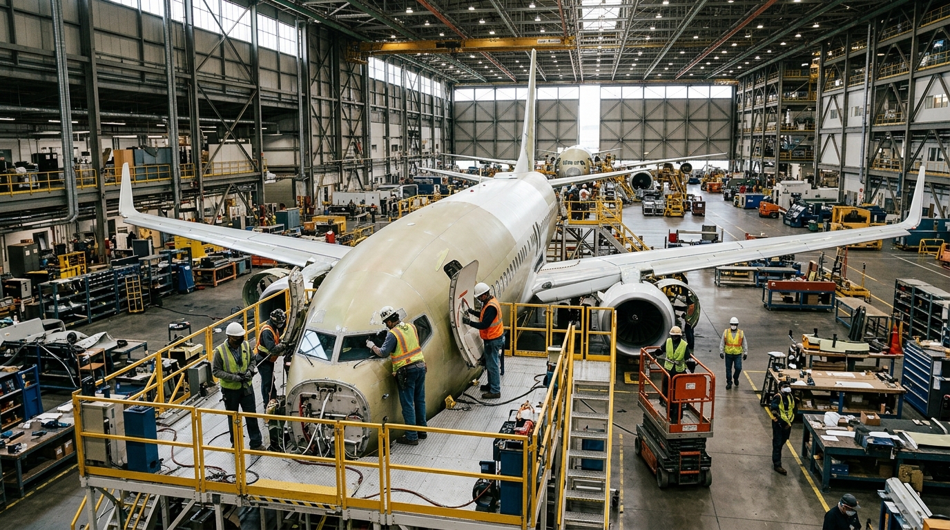 Hangar d'assemblage aéronautique avec avion en cours de production