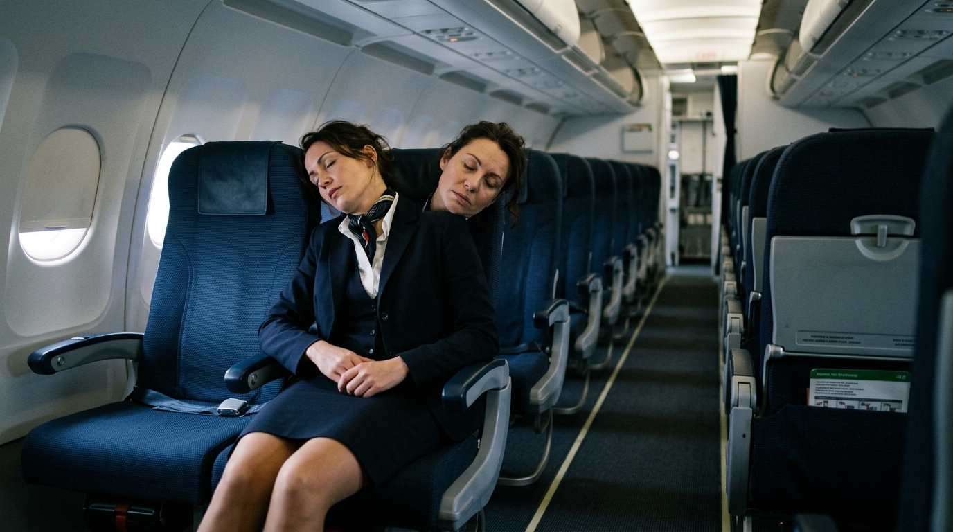 Hôtesse de l'air en pause dans un avion, fatigue au travail