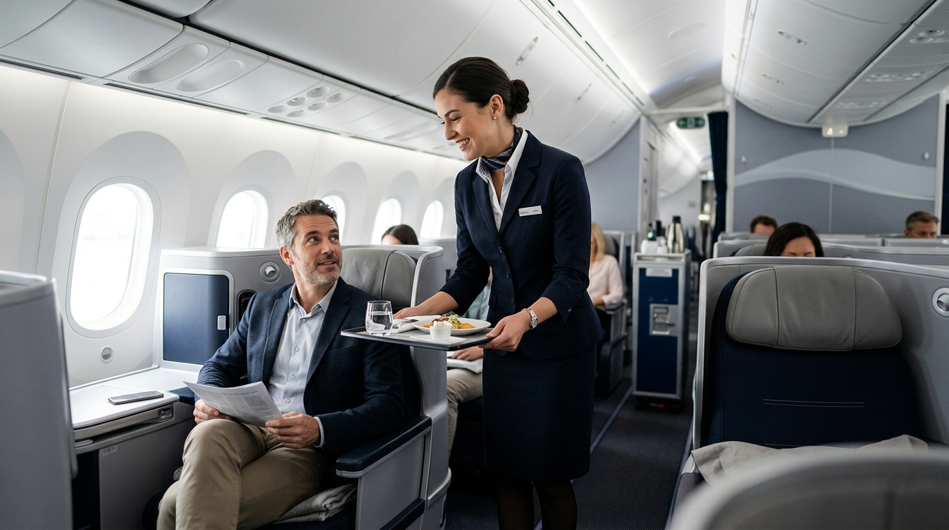 Hôtesse de l'air United Airlines en uniforme dans la cabine d'un long-courrier