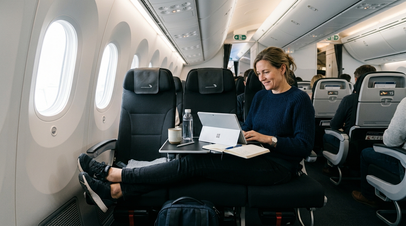 Intérieur cabine économique d'un avion avec sièges spacieux et passager installé confortablement