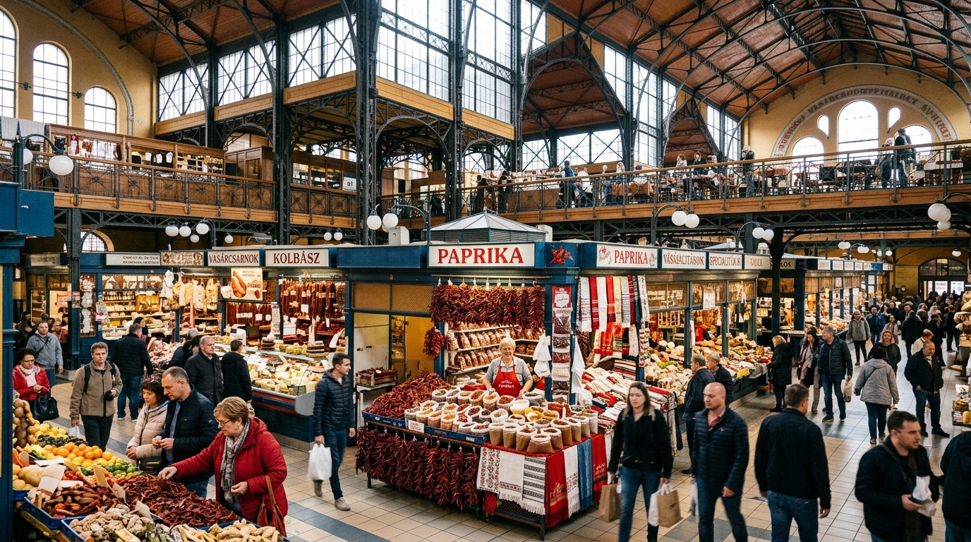 Marché central couvert de Budapest avec étals de paprika et spécialités hongroises