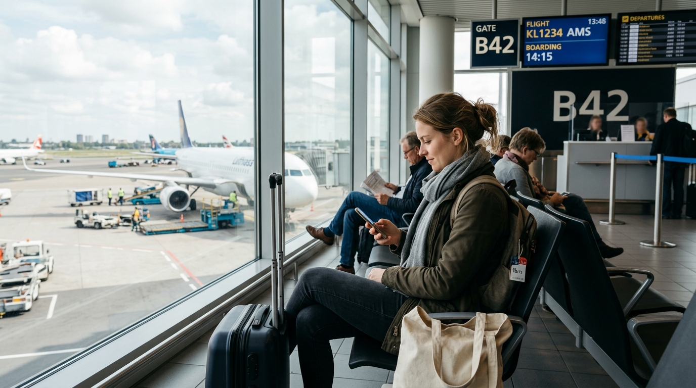 Passager consultant son téléphone devant une porte d'embarquement pour une nouvelle destination