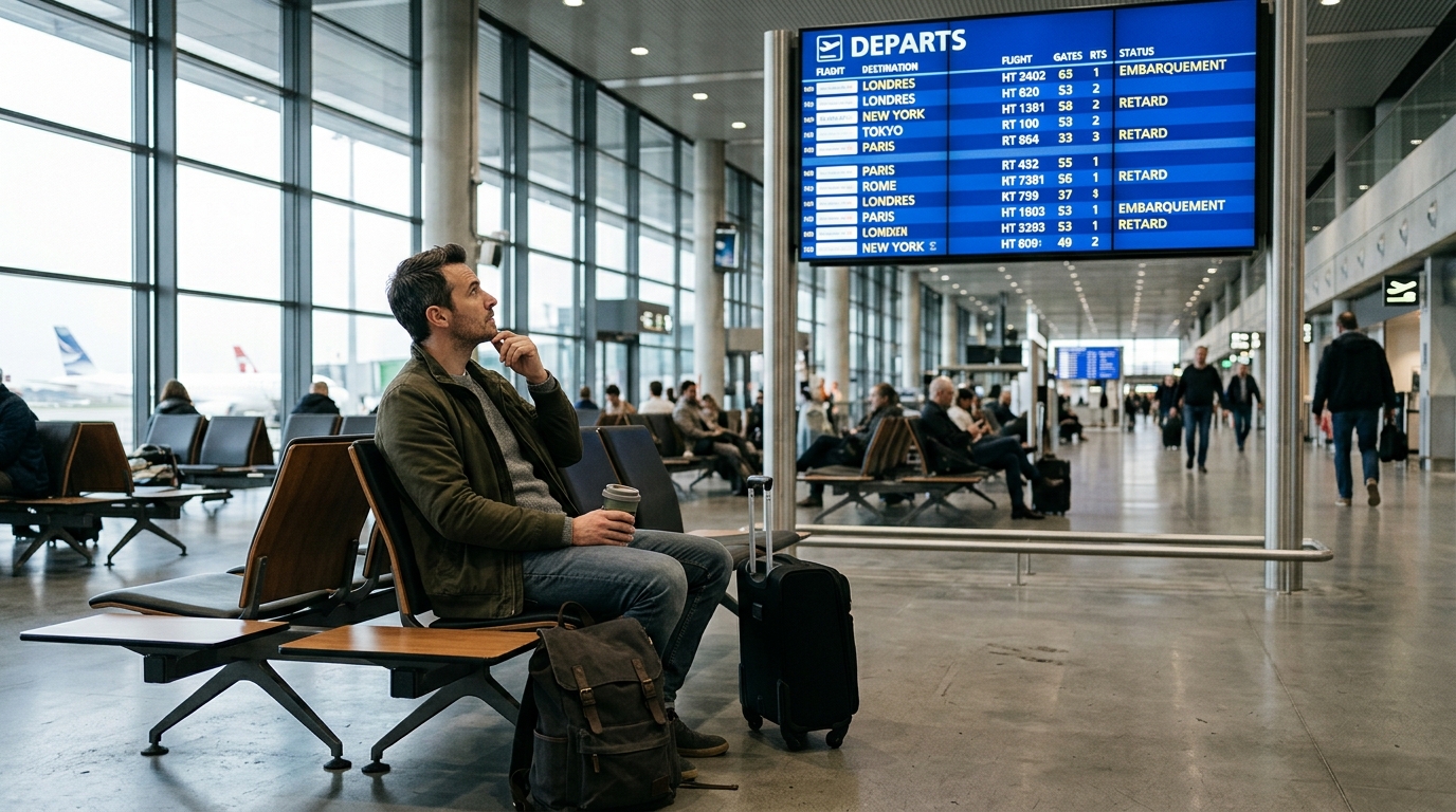 Passager francophone en attente dans un aéroport canadien