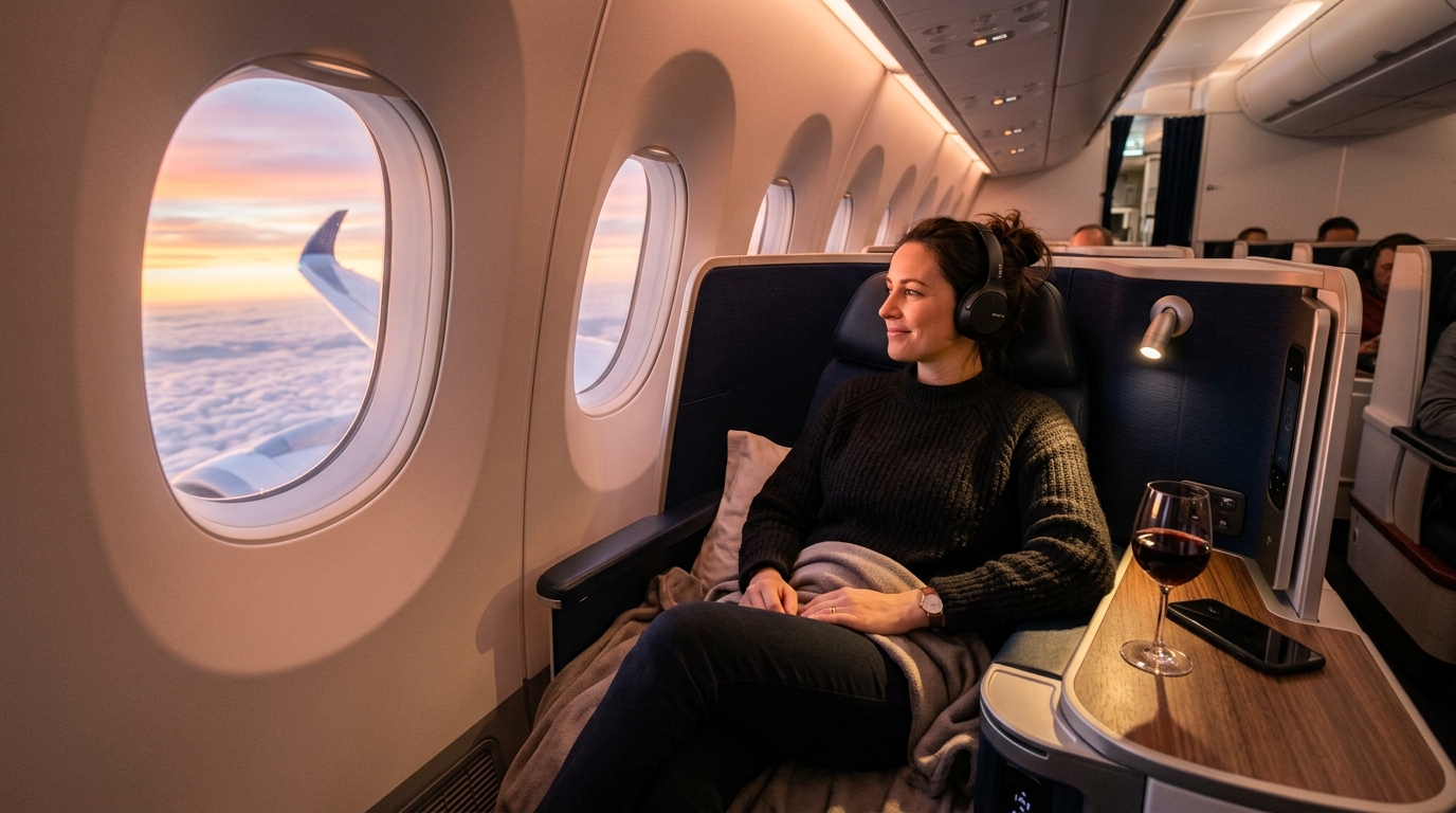 Passager en classe affaires dans un avion avec vue sur les nuages