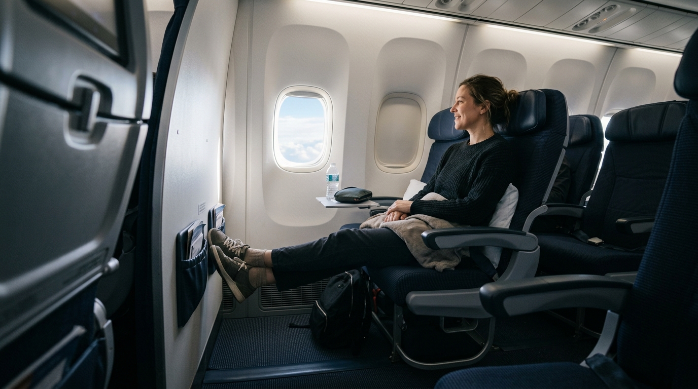 Passager confortablement installé dans un siège avec grand espace pour les jambes dans un avion