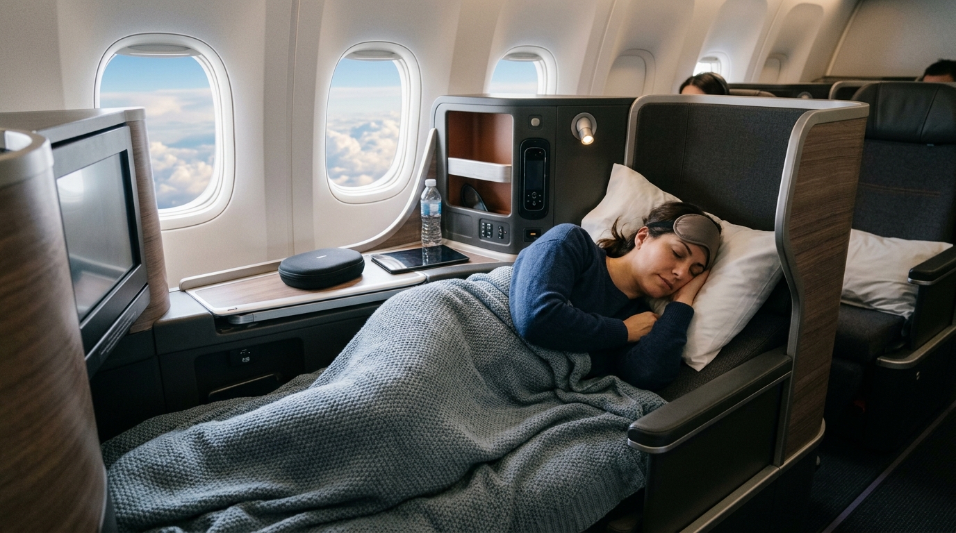 Passager installé dans un fauteuil business nouvelle génération avec vue hublot