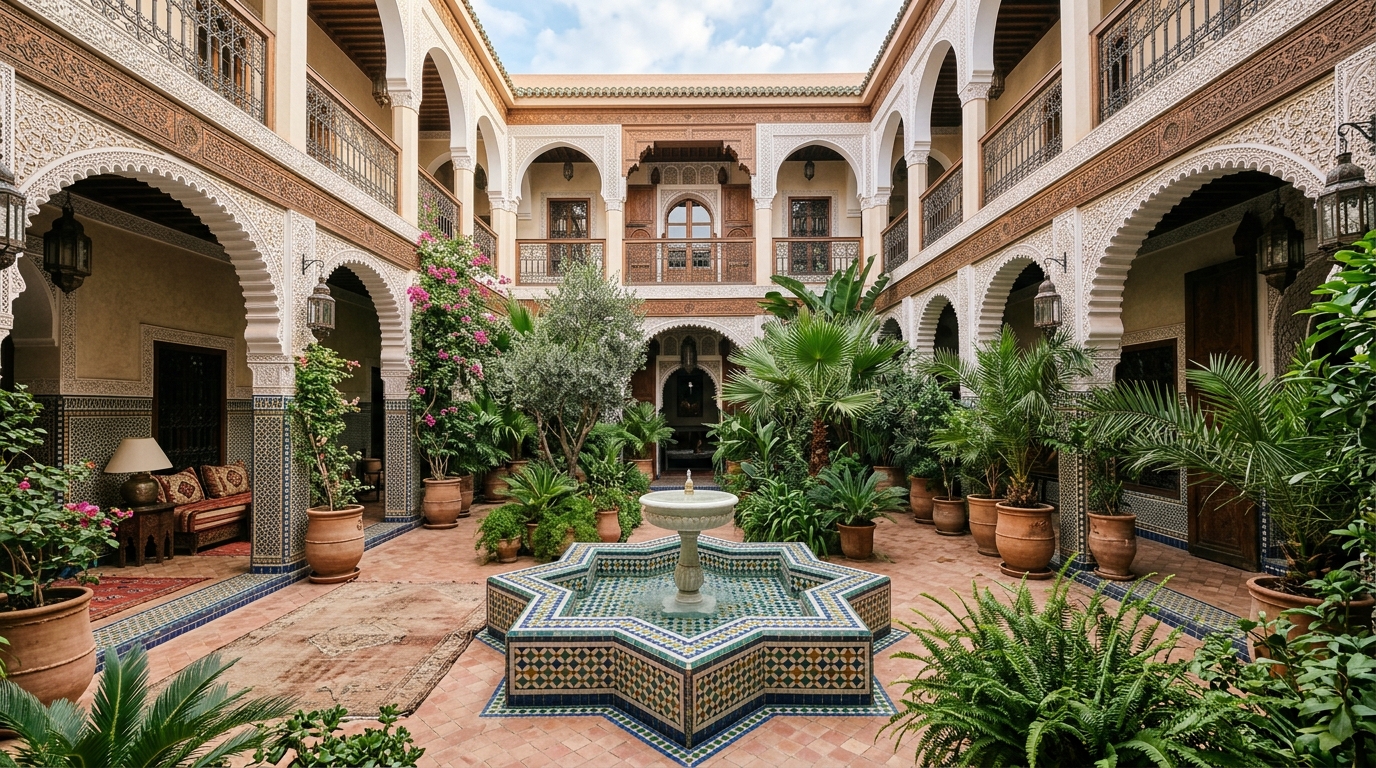 Patio d'un riad de Marrakech avec fontaine et végétation luxuriante