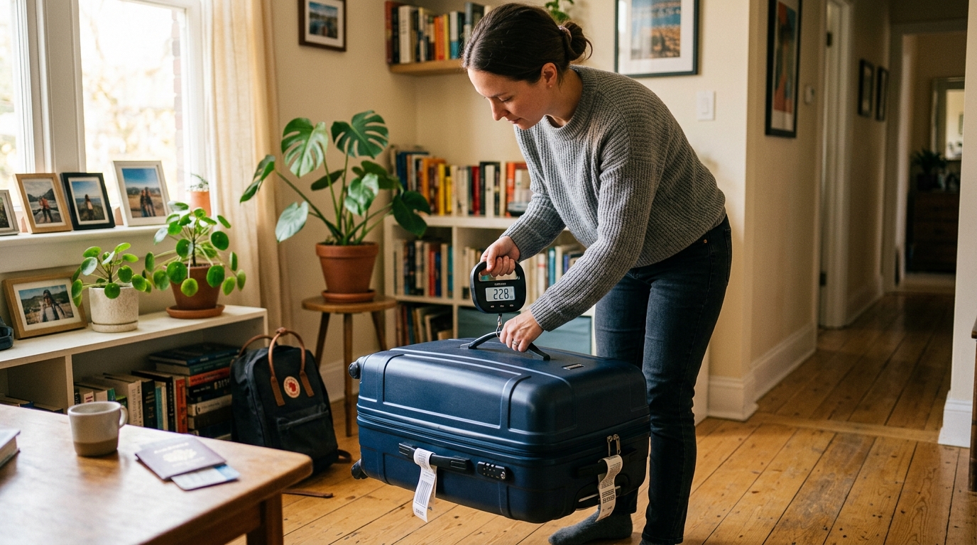 Voyageur pesant sa valise sur une balance avant de partir à l'aéroport