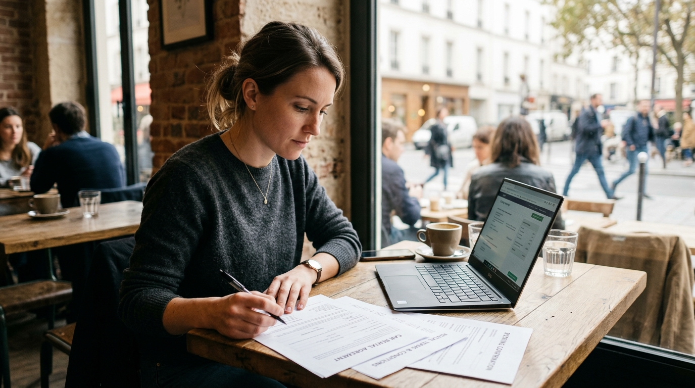 Personne comparant des contrats de location de voiture sur un ordinateur portable