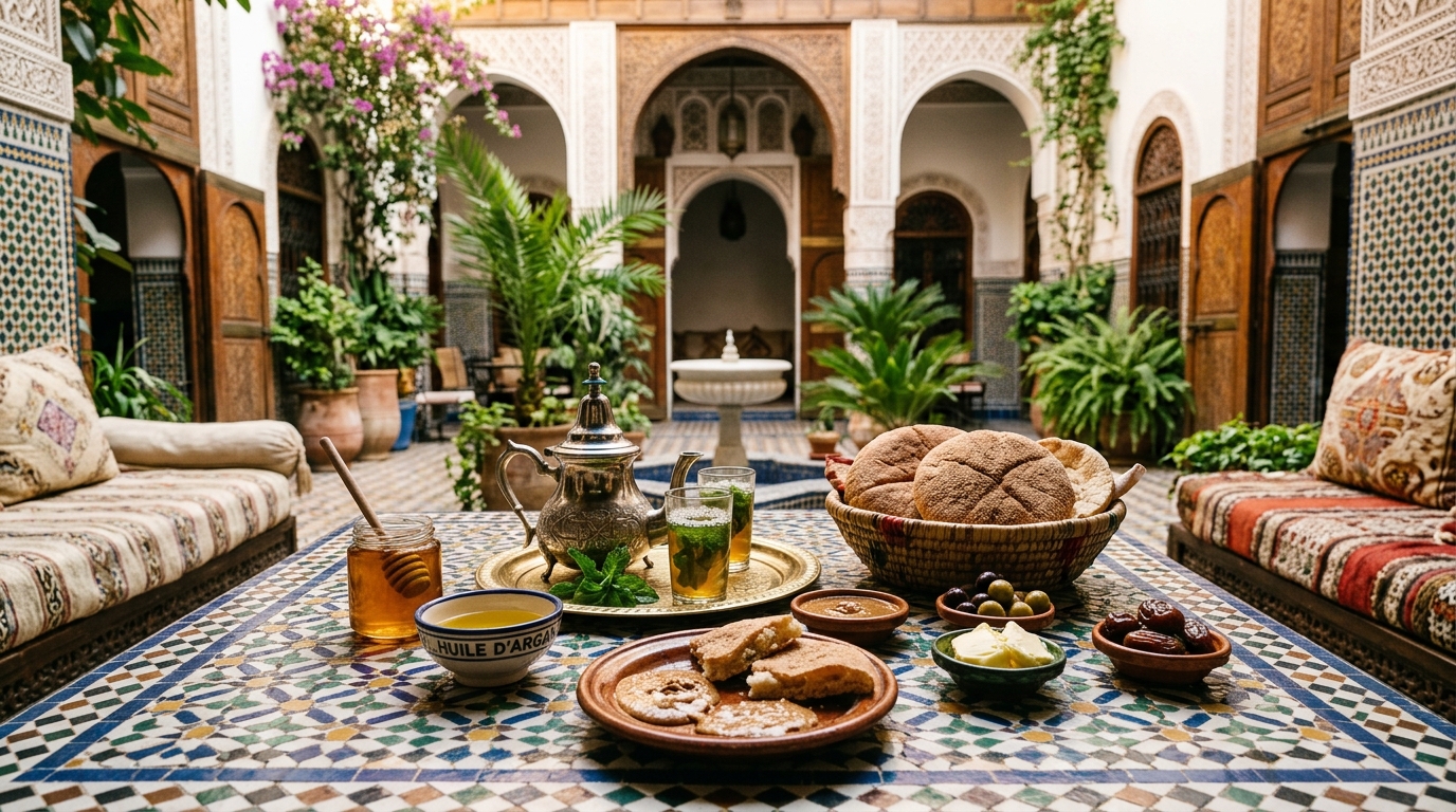 Petit-déjeuner marocain traditionnel dans un riad de Marrakech - pain, miel, huile d'argan